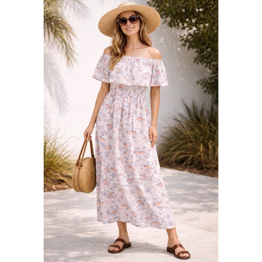 BoheeWoohee Boho Off Shoulder Maxi Dress Floral Bird Print Pocket M